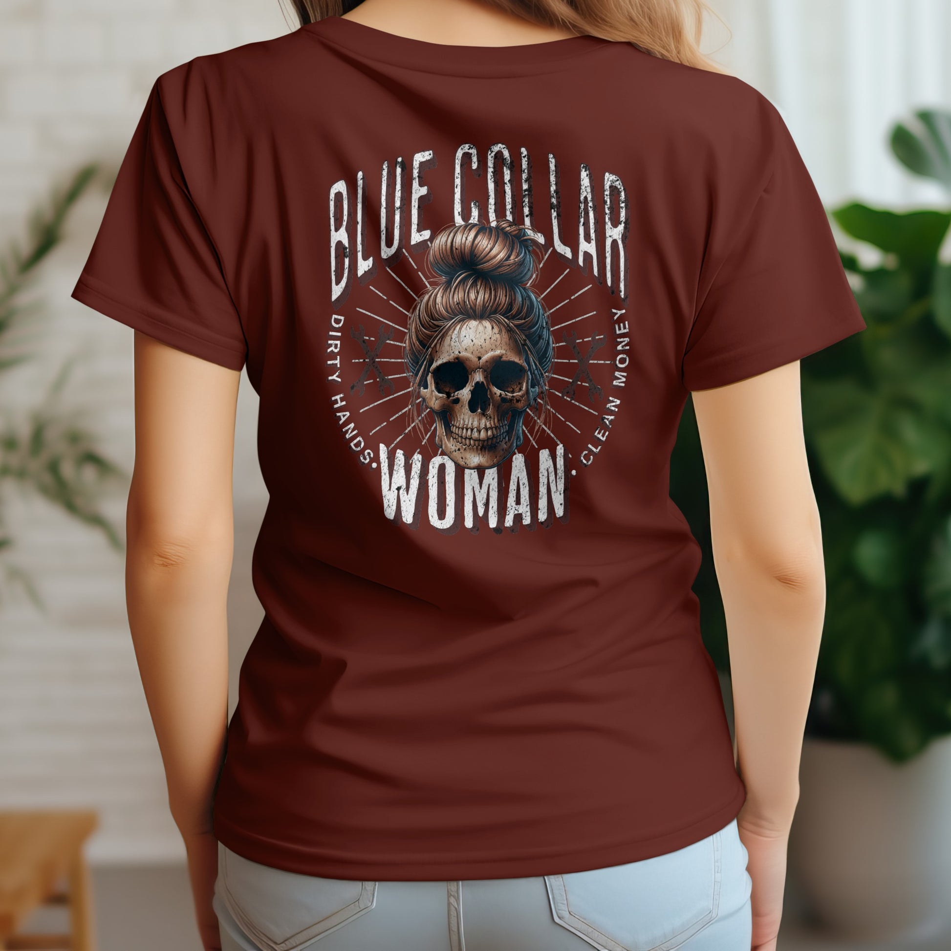 Blue Collar Woman Messy Bun Skull T-shirt